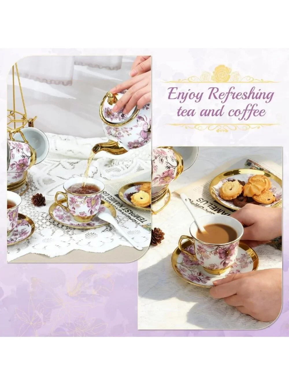 Elegant 20-Piece Porcelain Tea Set with Metal Holder for 6 - Perfect for